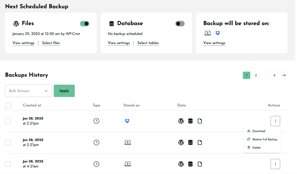 Neue Benutzeroberfläche – Nächste geplante Backups und Backup-Historie 